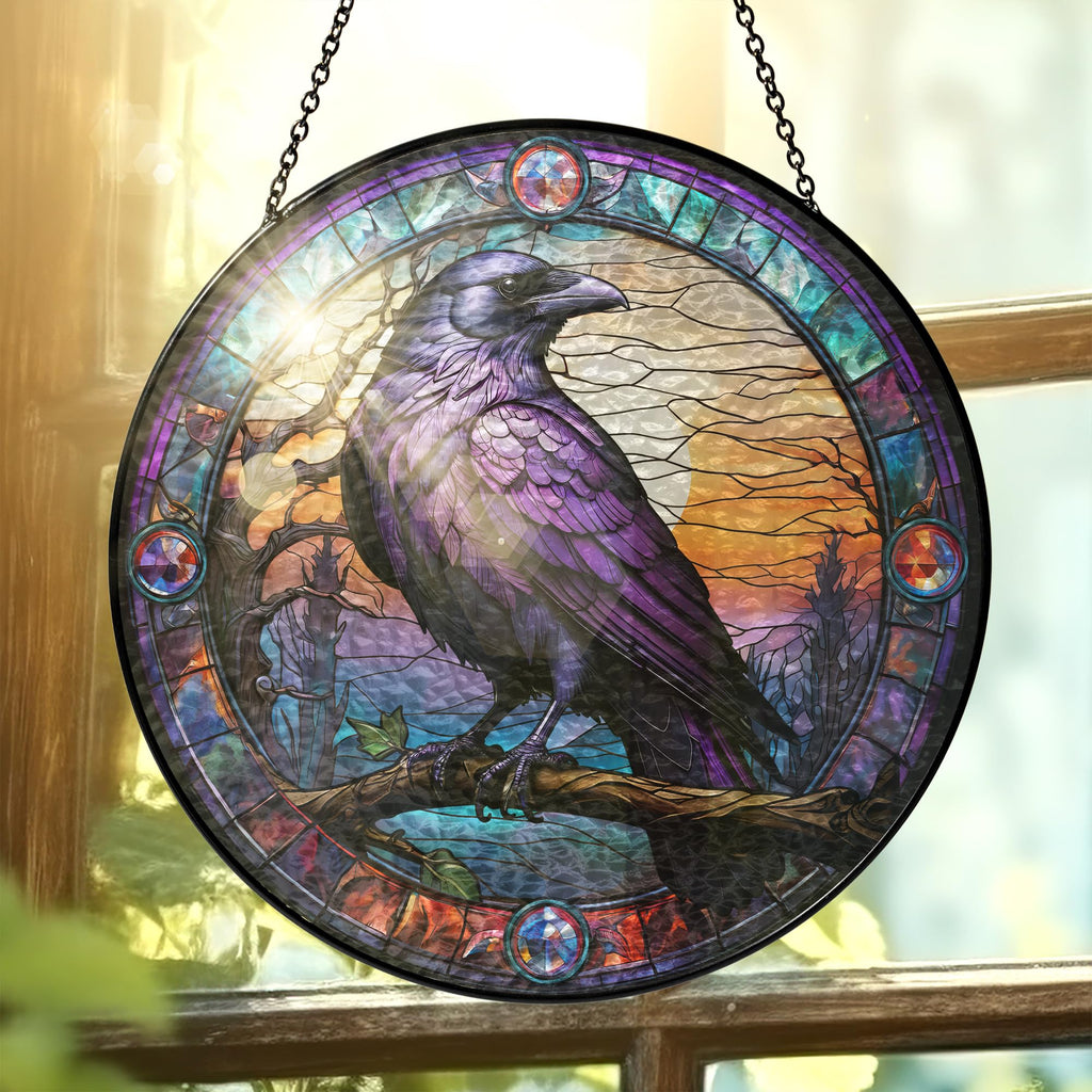 FLAGWIX Raven Crow Gothic Stained Glass Suncatcher, 8 in