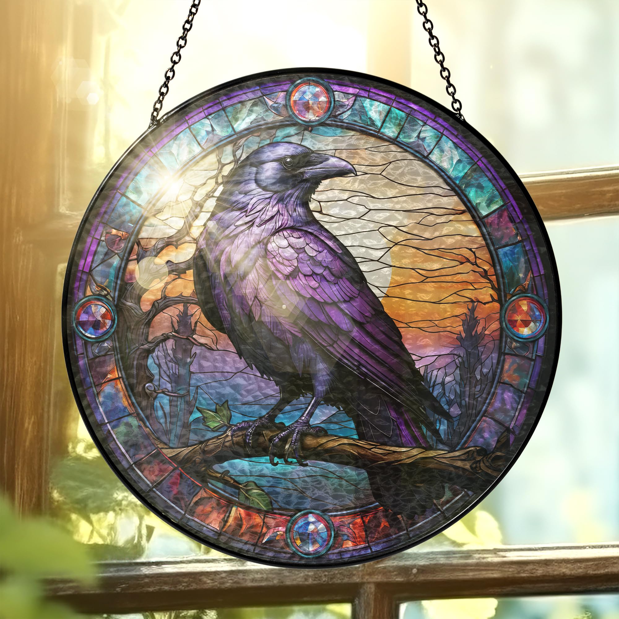FLAGWIX Raven Crow Gothic Stained Glass Suncatcher, 8 in