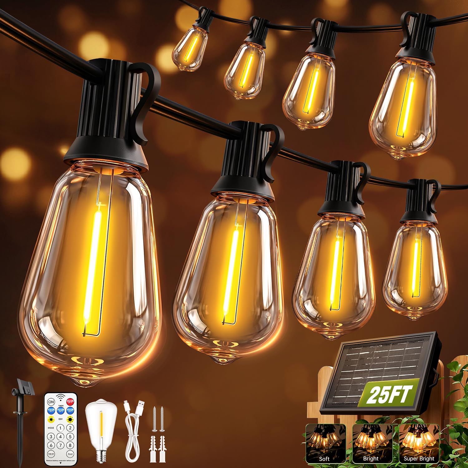 Skoiuc Solar String Lights Outdoor Waterproof with Remote & Timer, LED Shatterproof ST38 Bulbs, USB & Solar Powered Patio Lights for Backyard, Porch, Garden, Wedding, Christmas Decor (25FT)