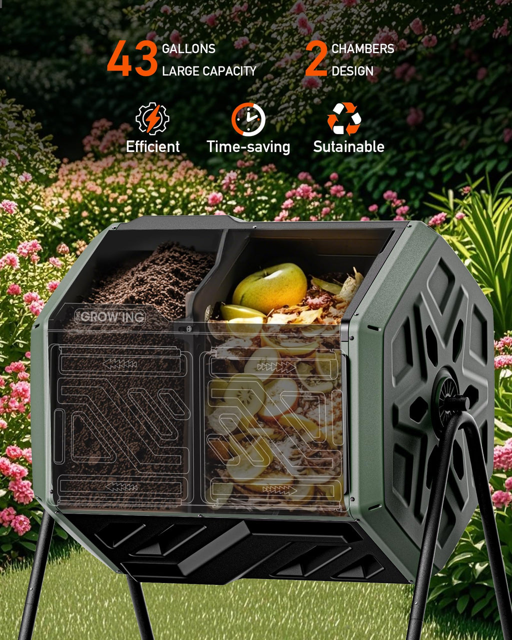 THE Growing 43 Gal Outdoor Compost Bin Tumbler for Backyard Garden, Green