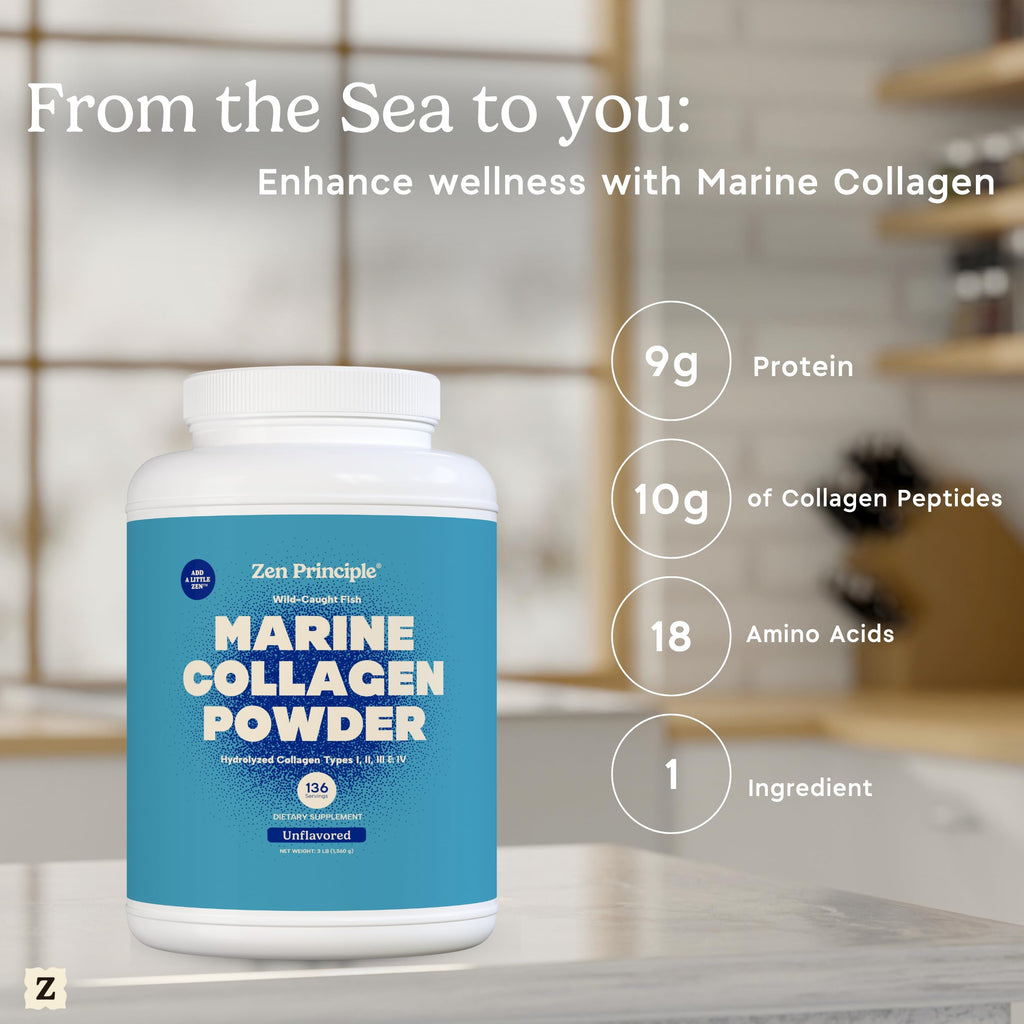 Zen Principle Marine Collagen Peptides Powder 3lb. Wild-Caught Fish, Non-GMO. Supports Healthy Skin, Hair, Joints, and Bones. Hydrolyzed Type 1 & 3 Protein. Amino Acids, Unflavored, Easy to Mix.
