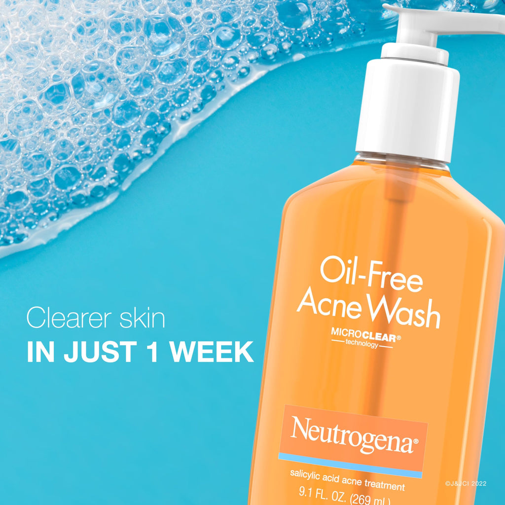 Neutrogena Oil-Free Acne Wash, Acne Fighting Facial Cleanser with Salicylic Acid Medicine, Acne Treatment for Face, Non-Comedogenic, Residue-Free, 9.1 fl oz Pump Bottles, 3 Pack