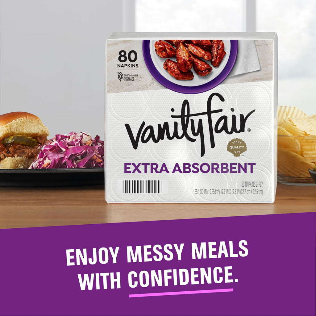 Vanity Fair Extra Absorbent Premium Paper Napkins, 160 Count, Disposable Napkins Made Soft And Strong For Messy Meals And Everyday Use (Pack of 2)