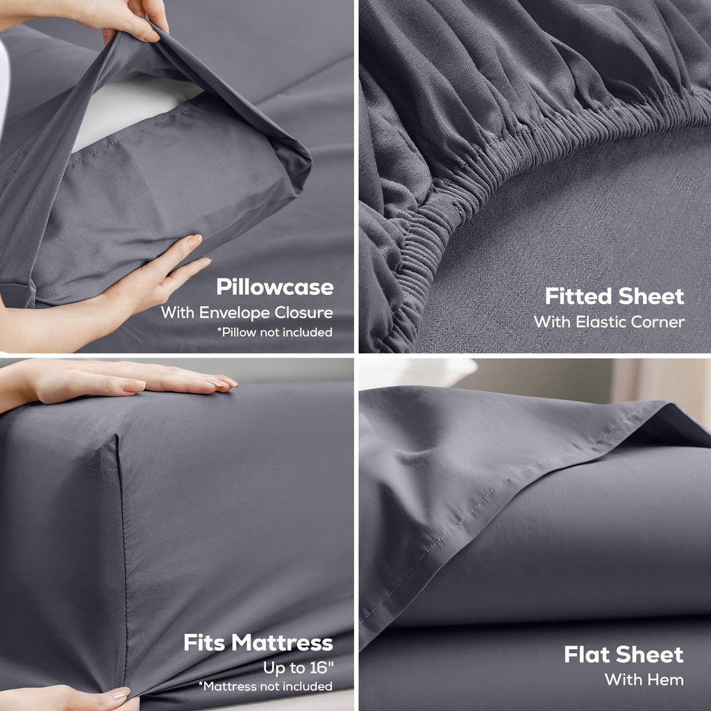 Full Sheets Set, 4 Pieces 16" Deep Pocket Hotel Luxury Bed Sheets, Grey