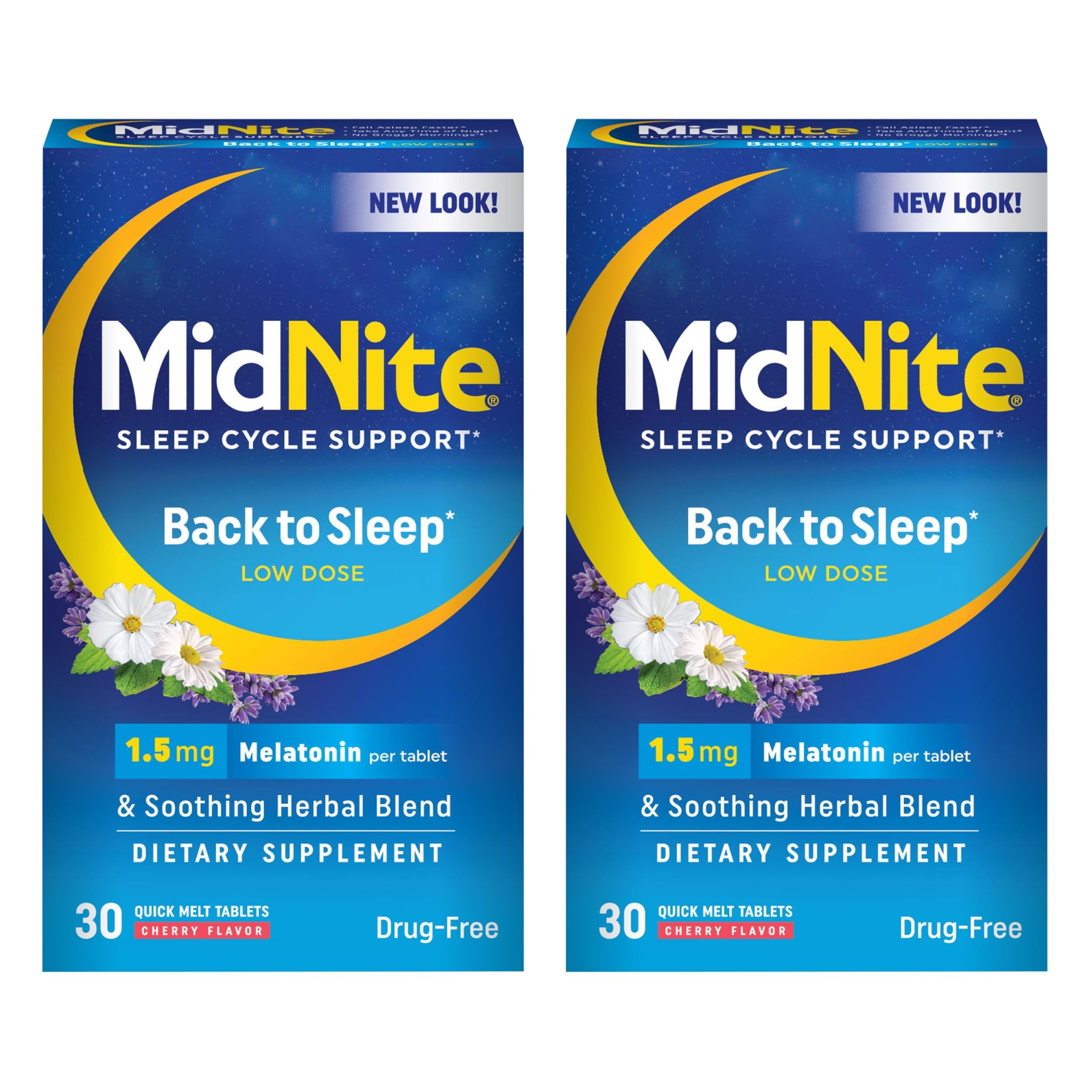 MidNite Back To Sleep Low Dose, 1.5 mg Melatonin Sleep Aid, Non-habit Forming, Herbal Dietary Supplement For Adults, Drug-free, Gluten-free, Lactose-free, Vegetarian, Vegan, 30 Quick Melt Tablets 2 ct