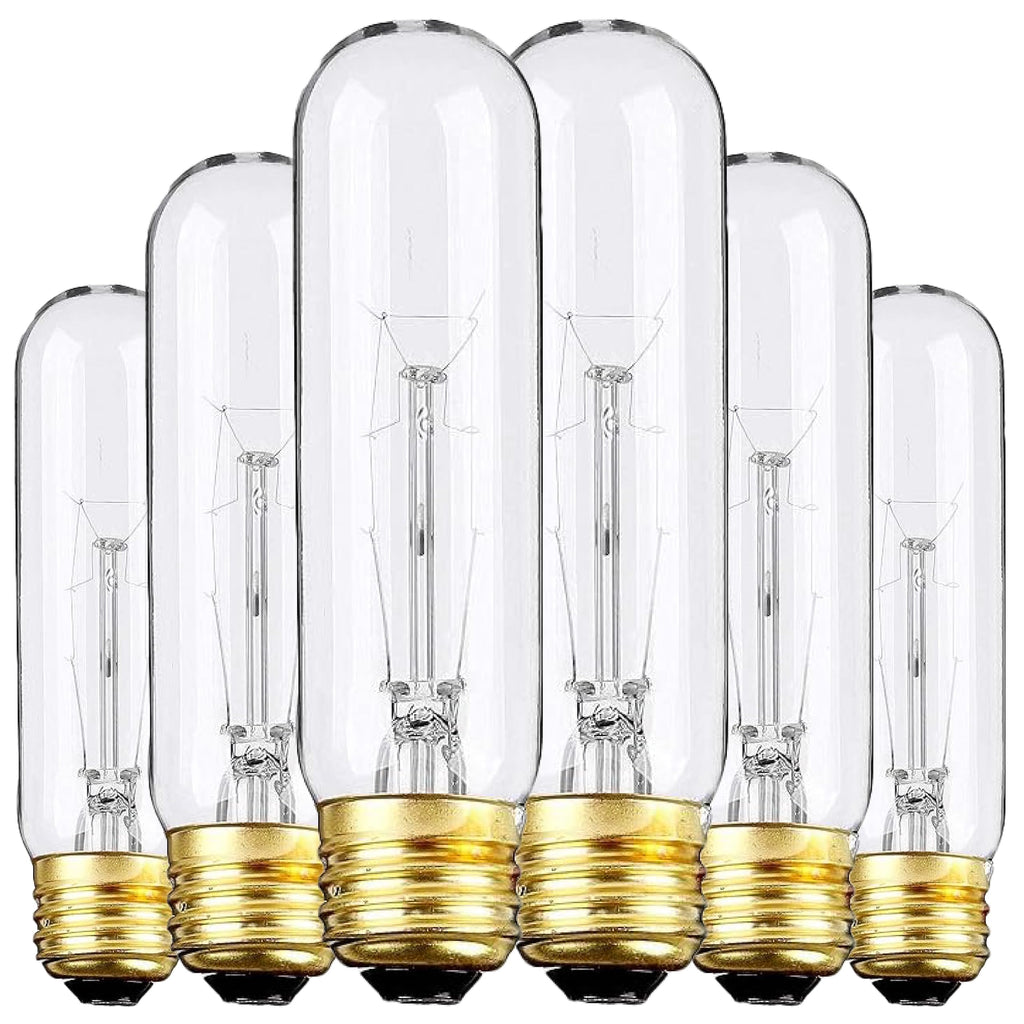 Weyolin Edison Light Bulbs,120V, E26 Base, T10 Tubular Bulbs, 25W Clear Incandescent, Warm White, Dimmable Vintage Tubular Style Showcase Bulb (6-Pack)