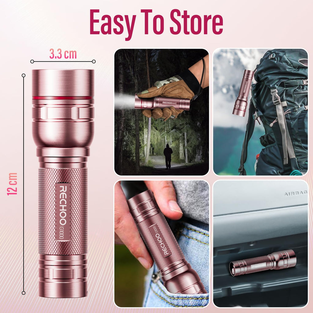 Rechargeable Flashlights High Lumens, G1000 Super Bright Flash Light 2 Pack, Small Zoomable LED Flashlight with 3 Lighting Modes, Portable Flashlights for Camping Essentials, Gift for Women (Pink)