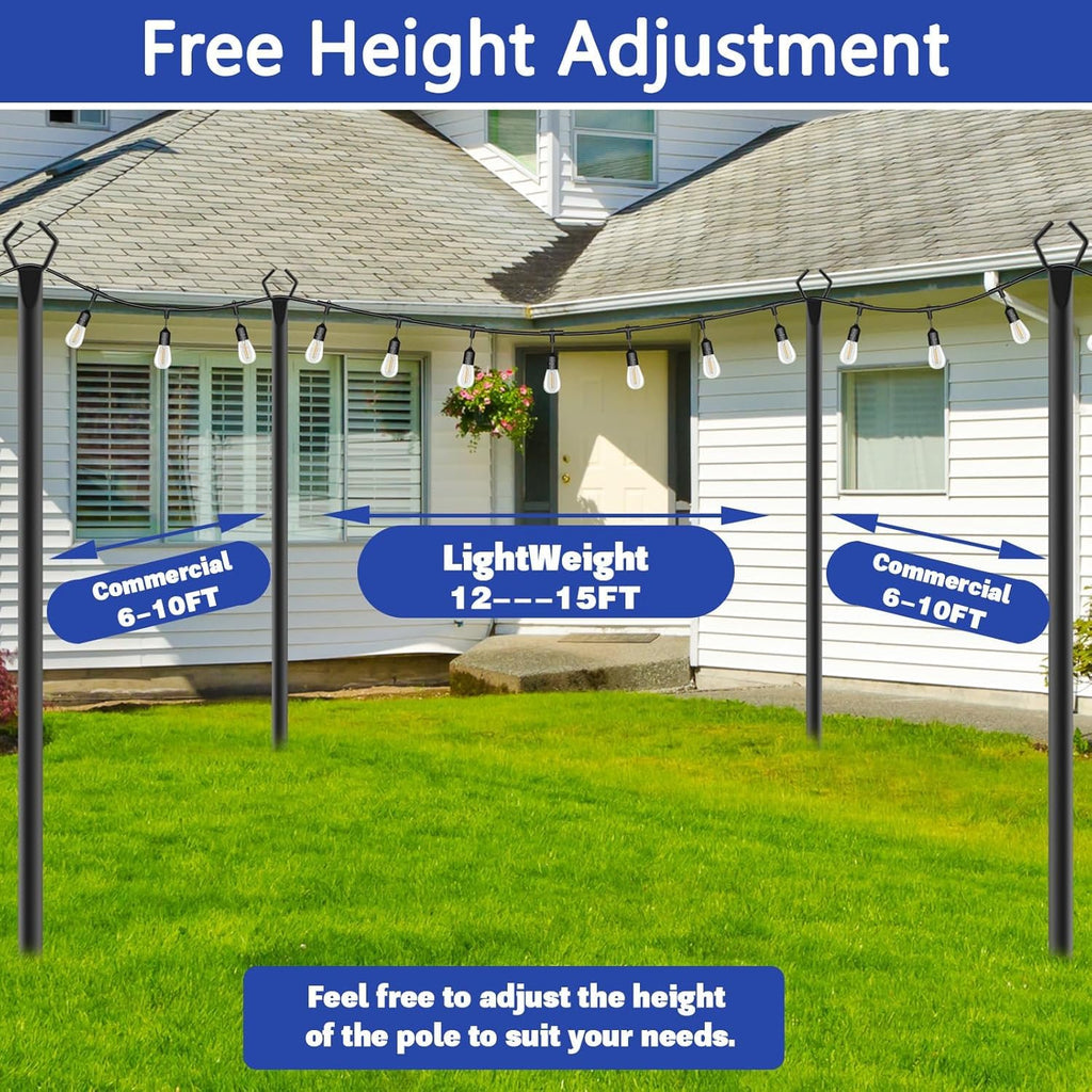 NSHWFW 10 Pack 10 ft Heavy Duty Metal String Light Poles Adjustable Outdoor Lighting Stand for Patio,Backyard,Garden,Party & Wedding Rustproof & Sturdy with Hooks