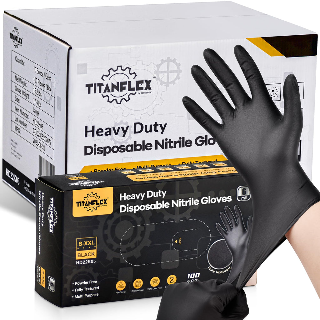 TitanFlex Heavy Duty Black Nitrile Gloves, 6-mil, Fully Textured, Large 1000-ct Box, Mechanic Disposable Gloves, Work Gloves, Latex Free, Powder Free, Rubber Gloves for Food Prep