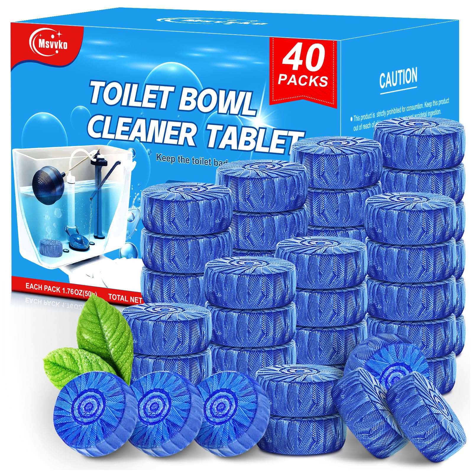 Msvvko Toilet Bowl Cleaner Tablets 40 Pcs, Septic Safe Automatic Toilet Tank Cleaner with Sustained-Release Technology, Powerful Long-Lasting Blue Tabs for Bathroom Stain Remover & Deodorizer