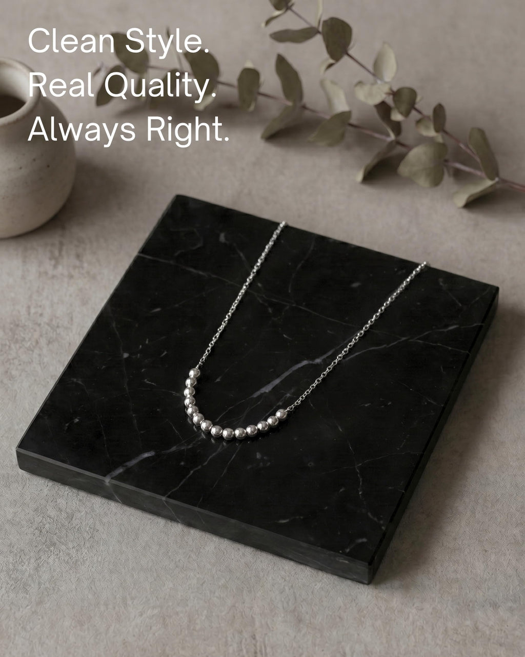 Annika Bella Silver Beaded Necklace for Women, Dainty 16 Faceted Beads Bar Pendant, Waterproof Tarnish Resistant Jewelry, 15" + 2" Extender, Gift for Her