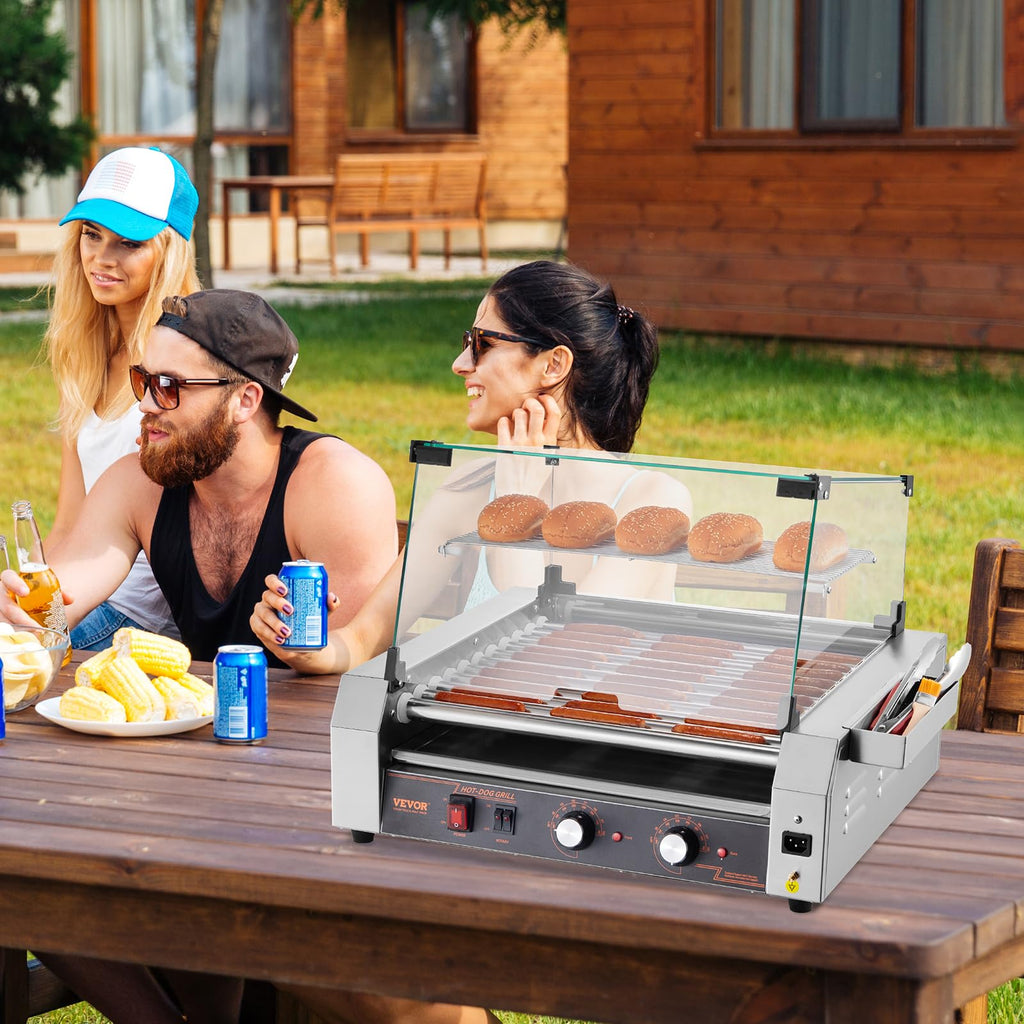 VEVOR Hot Dog Roller, 30 Hot Dog 11 Rollers, Stainless Steel Sausage Grill Cooker, 1600W Commercial Hot Dog Machine with Dual Temp Control, Cover, Side Storage Box, Removable Shelf & Oil Drip Tray