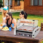 VEVOR Hot Dog Roller, 30 Hot Dog 11 Rollers, Stainless Steel Sausage Grill Cooker, 1600W Commercial Hot Dog Machine with Dual Temp Control, Cover, Side Storage Box, Removable Shelf & Oil Drip Tray
