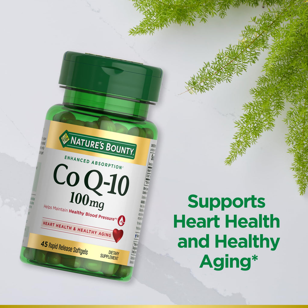 Nature's Bounty CoQ10 100mg for Heart Health Support, Non-GMO Q-Sorb Coenzyme Q-10 Antioxidant Support and Cardiovascular Wellness, Dietary Supplement, Rapid Release Softgels, 45 ct
