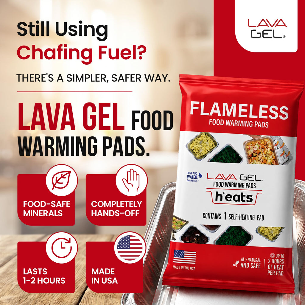 Lava Gel Self-Heating Buffet Kit – Flameless Food Warmer Set for Parties – Includes 4 Trays, 4 Half-Size Heat Pads & Foil Pans – Keeps Hot Food Hot for up to 3 Hours – Gel Fuel Can Alternative