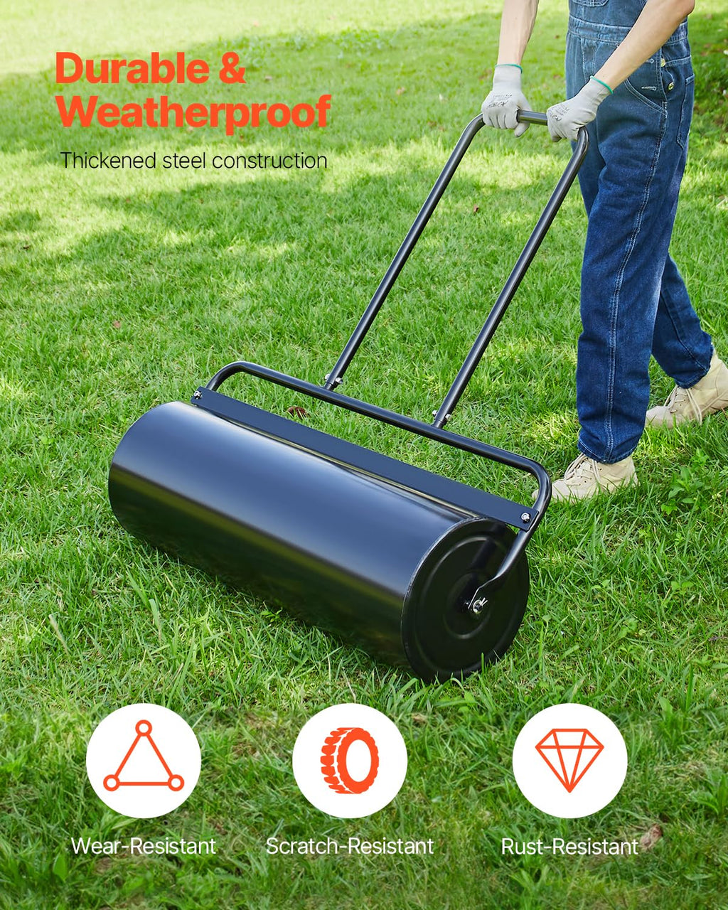 VEVOR Lawn Roller, 61L Sand or Water Filled Yard Roller, with Easy-Turn Plug and U-Shaped Ergonomic Handle for Convenient Push and Pull, Level and Compress Soil for Lawn, Garden, Farm, Park, Black