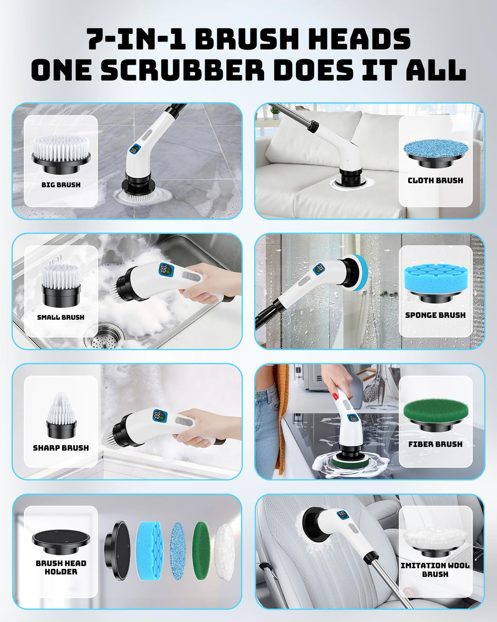 Electric Spin Scrubber, IPX7 Shower Scrubber 7 Replaceable Brush Heads-90Mins Work Time, 2-Speed Adjustable Bathroom Scrubber 3-Height Adjustable Handle Cordless Tub Scrubber for Bathtub Kitchen Glass