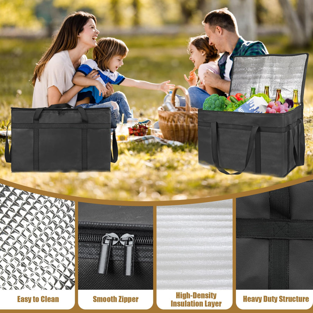 PEASUG 2PCS Insulated Bags for Food Delivery, XXXL Pizza Delivery Bags, Large Capacity Cooler Bag Keep Food Warm for Grocery Shopping and Catering, Foldable, Heavy-Duty (Black)