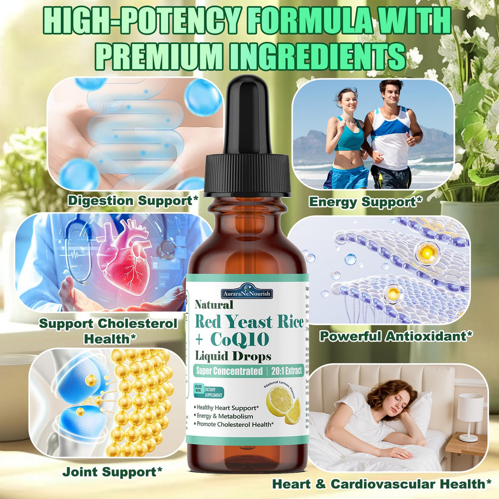 2 Packs Liposomal Red Yeast Rice with Coq10 Liquid Drops, 5-in-1 Extra Strength 1200mg Healthy Cholesterol & Heart Support with Citrus Bergamot Alpha Lipoic Acid, Citrinin-Free, 2 Month Supply
