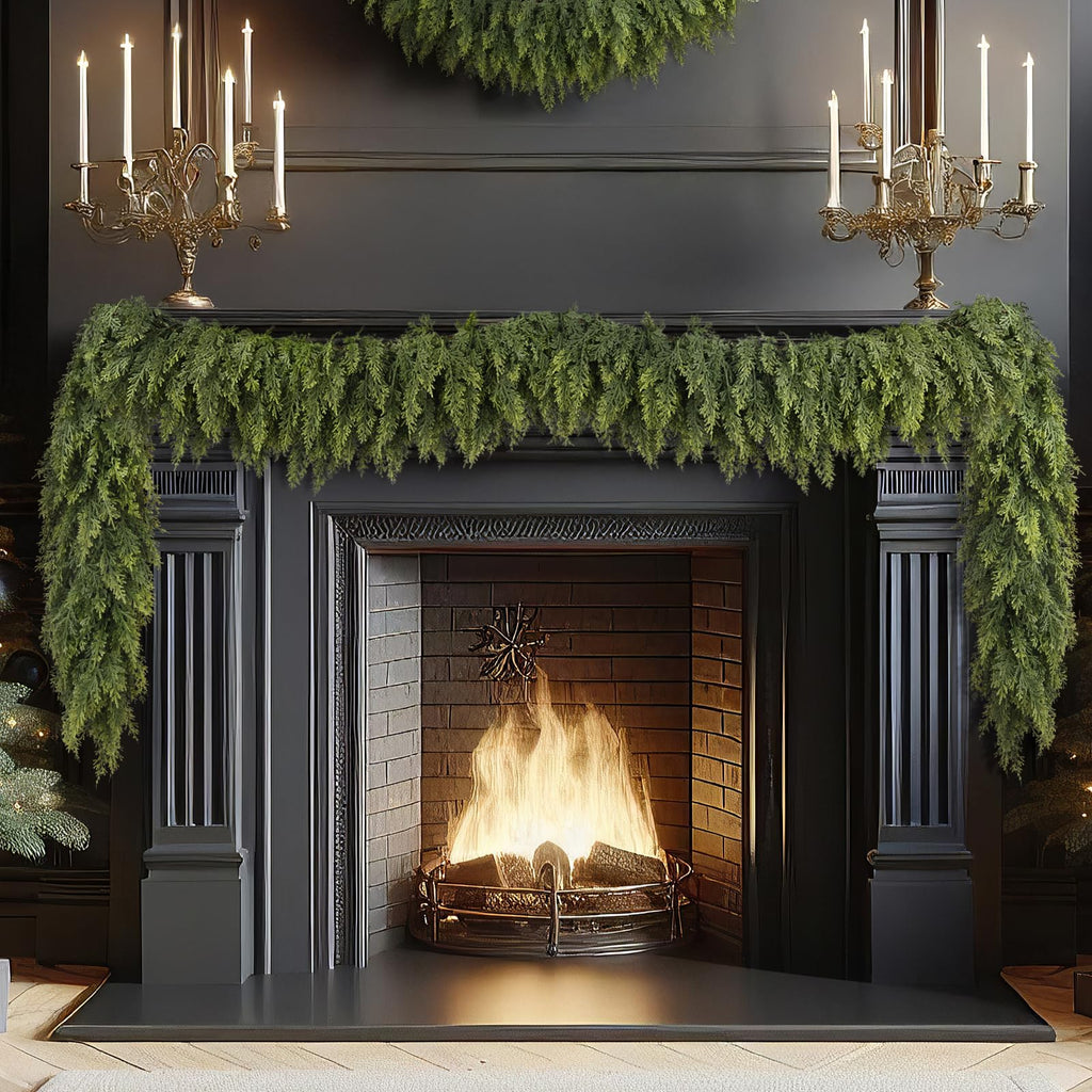 N&T NIETING 9ft Christmas Cedar Garland with Realistic Soft Thickness Pine, Artificial Green Faux Cedar Pine Garland for Fireplace Mantle Fireplace Indoor Outdoor Holiday Party Home Decoration