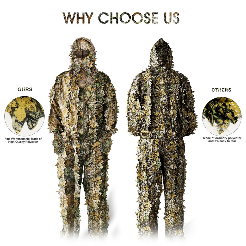 Ghillie Suit Camouflage Hunting Suits Outdoor 3D Leaf Lifelike Camo Clothing Lightweight Breathable Hooded Apparel Suit, Hunting Gloves, Leafy Face Mask and Bag for Jungle Shooting Halloween…