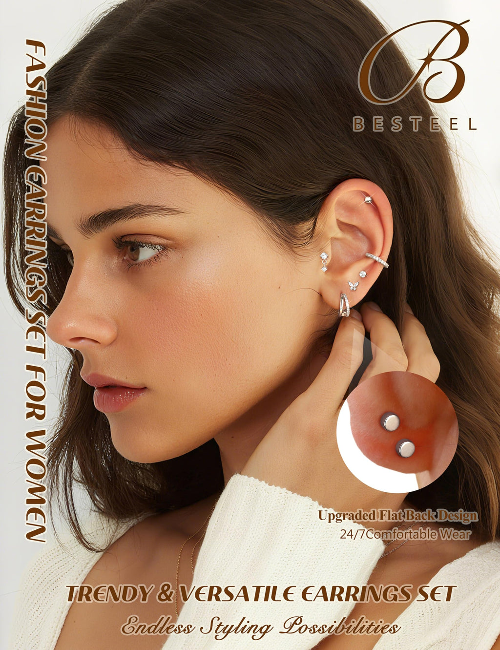 BESTEEL Hypoallergenic Flat Back Earrings for Women Sliver Stud Hoops Set