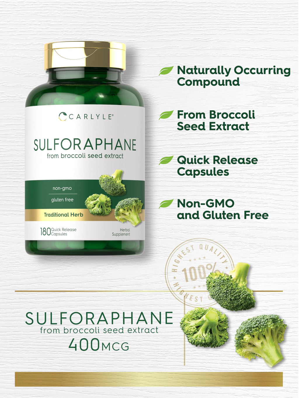 Carlyle Sulforaphane Supplement | 400 mcg | 180 Capsules | from Broccoli Seed Extract | Non-GMO and Gluten Free Formula