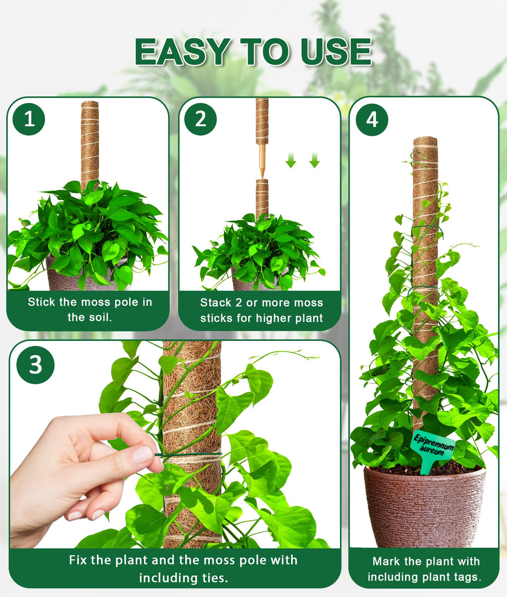 EAONE 96'' Moss Pole for Plants Indoor, 6 Pack 16” Monstera Plant Support Moss Stick for Climbing Plants, Stackable Coir Totem Pole Monstera Stakes with 12 Plant Labels & 100 Ties for Potted Plants