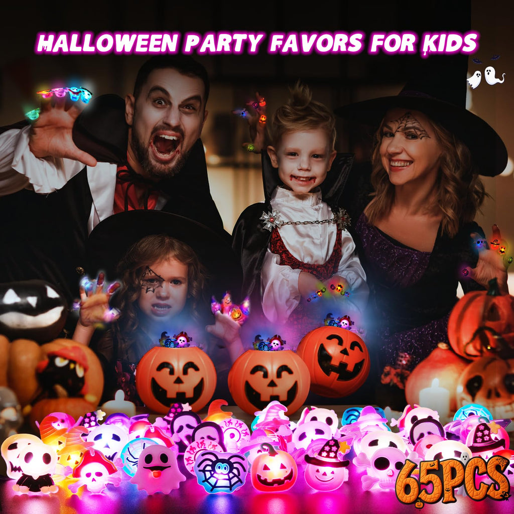Tiaxidex 65PCS Halloween Light Up LED Rings, Non Candy Trick or Treats 3D Flashing Rings Toys Glow In the Dark Halloween Party Favor Ring Toy Gifts For Kids Adults Goodie Bag Stuffers