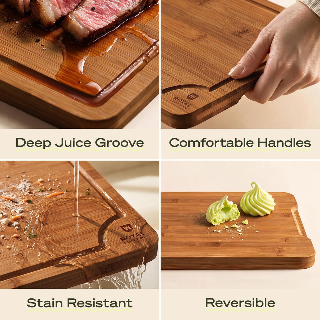 ROYAL CRAFT WOOD Wooden Cutting Boards for Kitchen Appliances - Non Toxic Bamboo Wood Cutting Board Set with Deep Juice Groove, Side Handles, Charcuterie & Butcher Block for Meat, Meal Prep & Serving