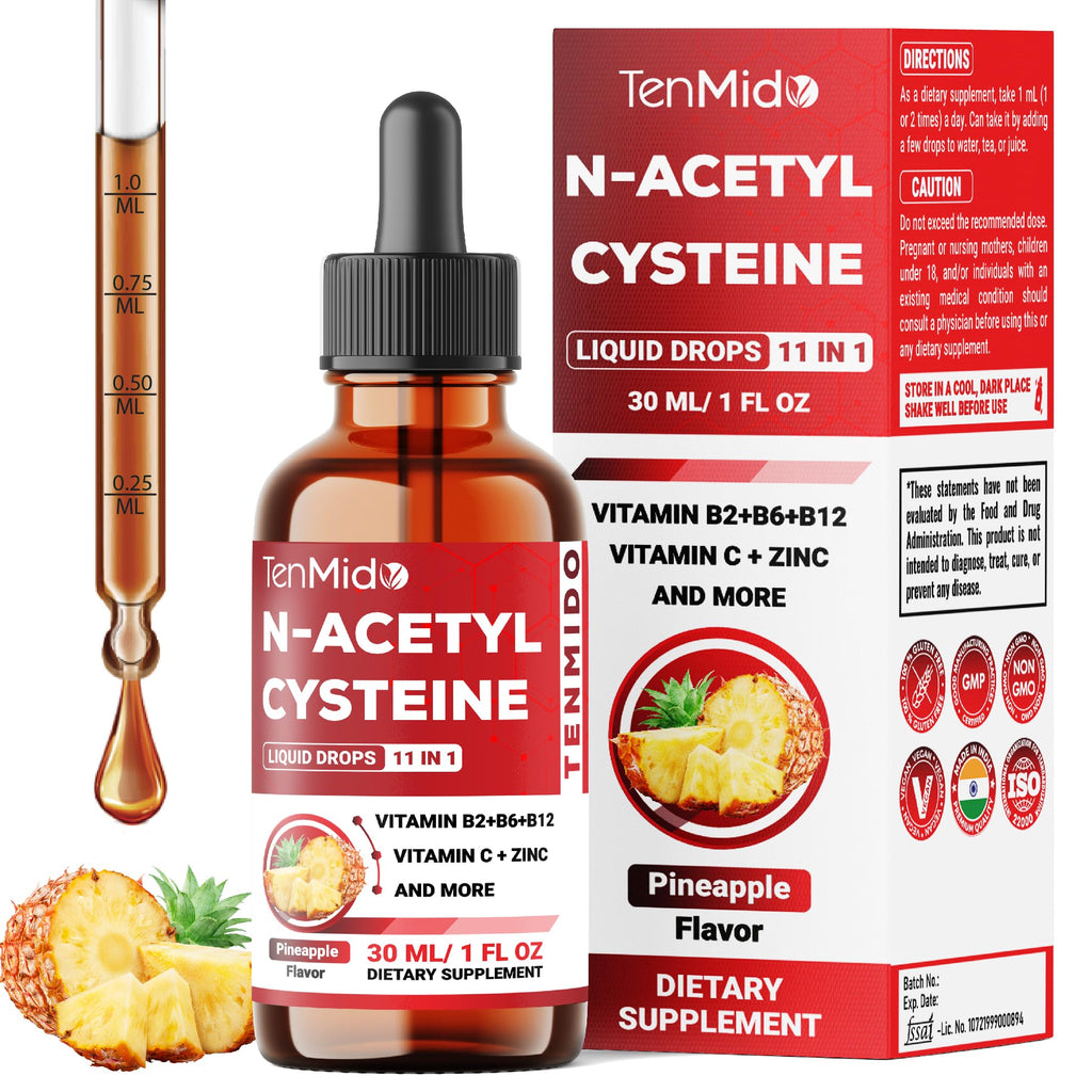 Tenmido 11in1 Nac Supplement N-Acetyl Cysteine Liquid Drops with Quercetin, B-Complex, Selenium, Glutathione, Bromelain, Milk Thistle, and More - 30ml 1 Fl Oz