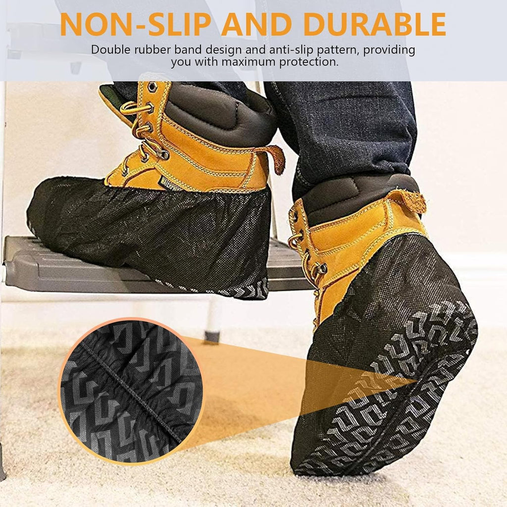 ioiopeak Shoe Covers Disposable 200 Pack (100 Pairs) - Durable, Non-Slip, Water Resistant, and Recyclable Boot Covers for Indoor and Outdoor Use - One Size Fits Most-Black (Black 200 Pcs (Xl))