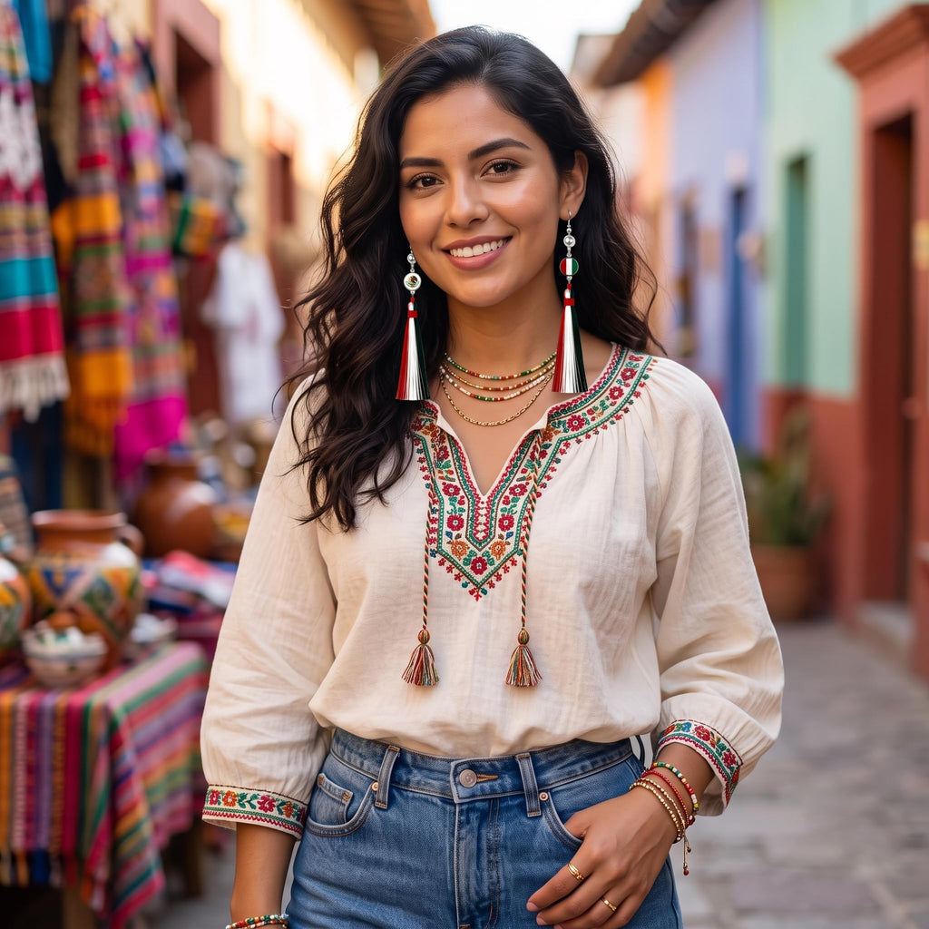Handmade 925 Silver Plated Long Tassel Earring,Premium Mexican Heritage Jewelry,Patriotic Festival Gift Mothers Party Boho