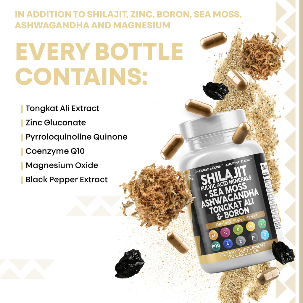 Clean Nutraceuticals Shilajit Supplement for Men with Sea Moss, Tongkat Ali, Ashwagandha, Boron, Zinc, CoQ10, PQQ - Fulvic Acid Capsules - Energy Support - 90 Count - Resin, Gummy & Powder Alternative
