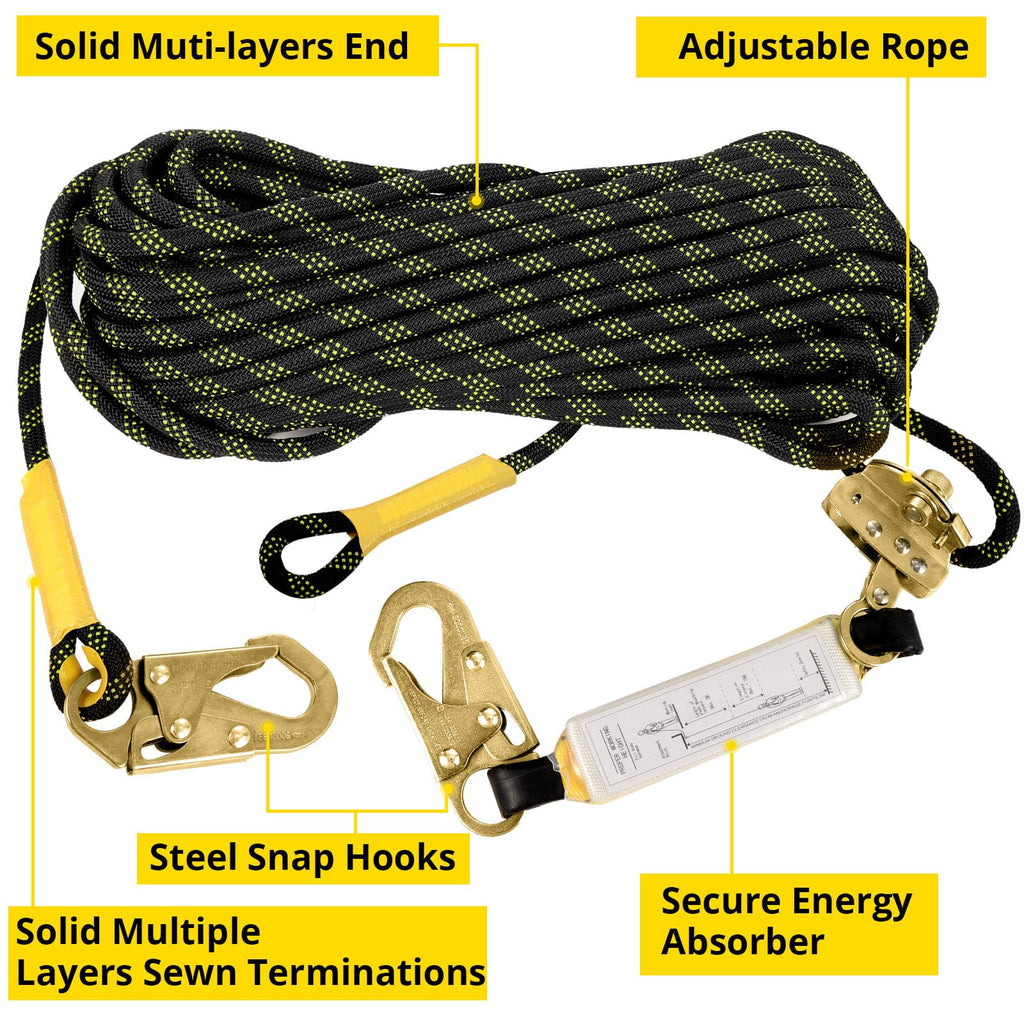 TRSMIMA Rope Harness Safety Lanyard：100ft Vertical Roofing Rope with Grab Snap Hooks Shock Absorber - Fall Protection Tree Climbing Line Kit Heavy Duty Roof Safety Equipment ANSI CE