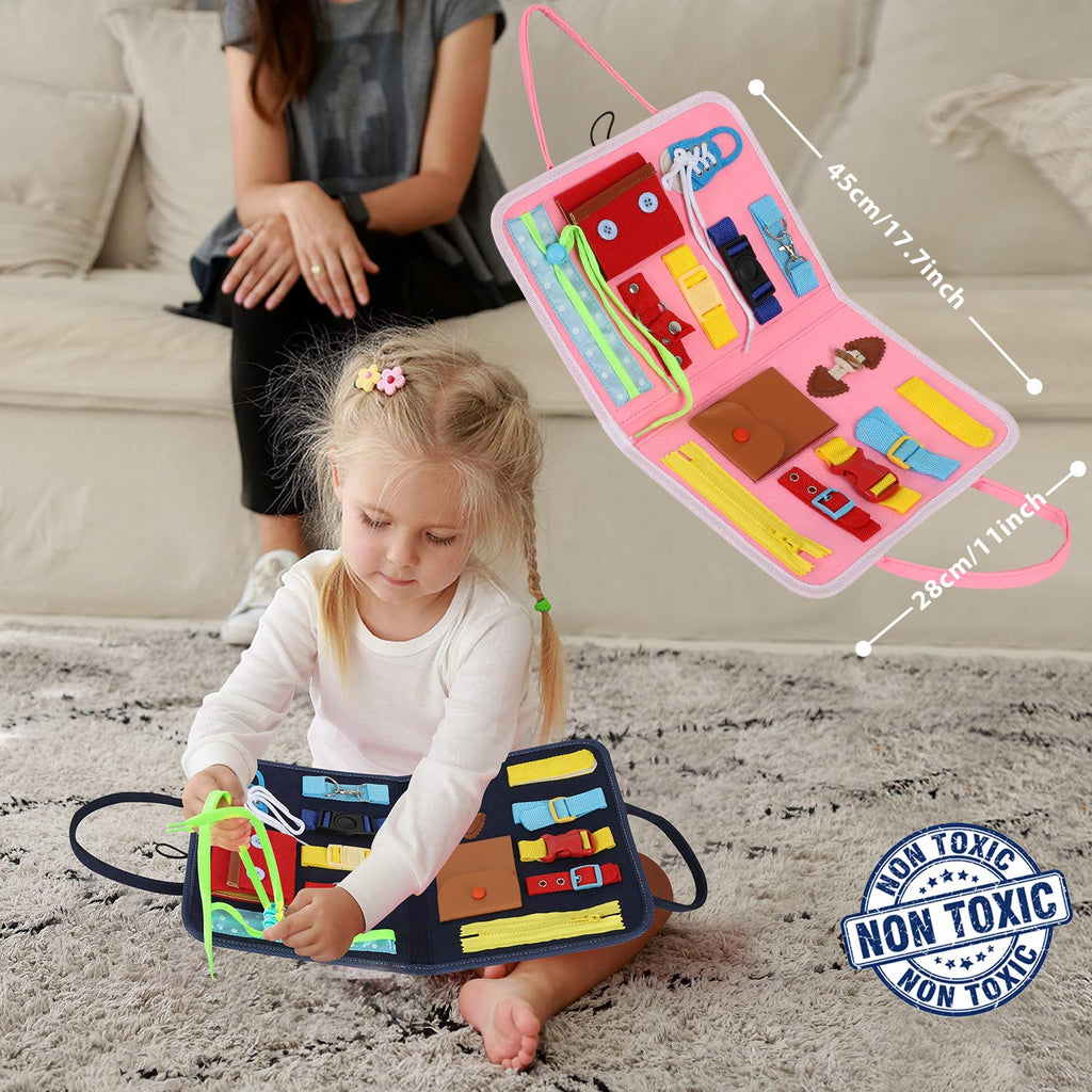 Esjay Busy Board for Toddlers, Montessori Toys to Learn Fine Motor Skill, Sensory Board, Toys Gifts Girls Boys 3+ Year Old, Toddler Learning Activities for Travel Airplane,Pink Alphabet