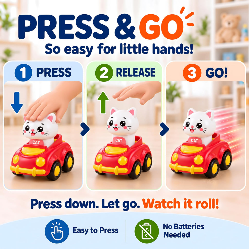 Press to Go Cars for Toddlers 1-3, 4-Pack Animal Toys for 1 Year Old Boy