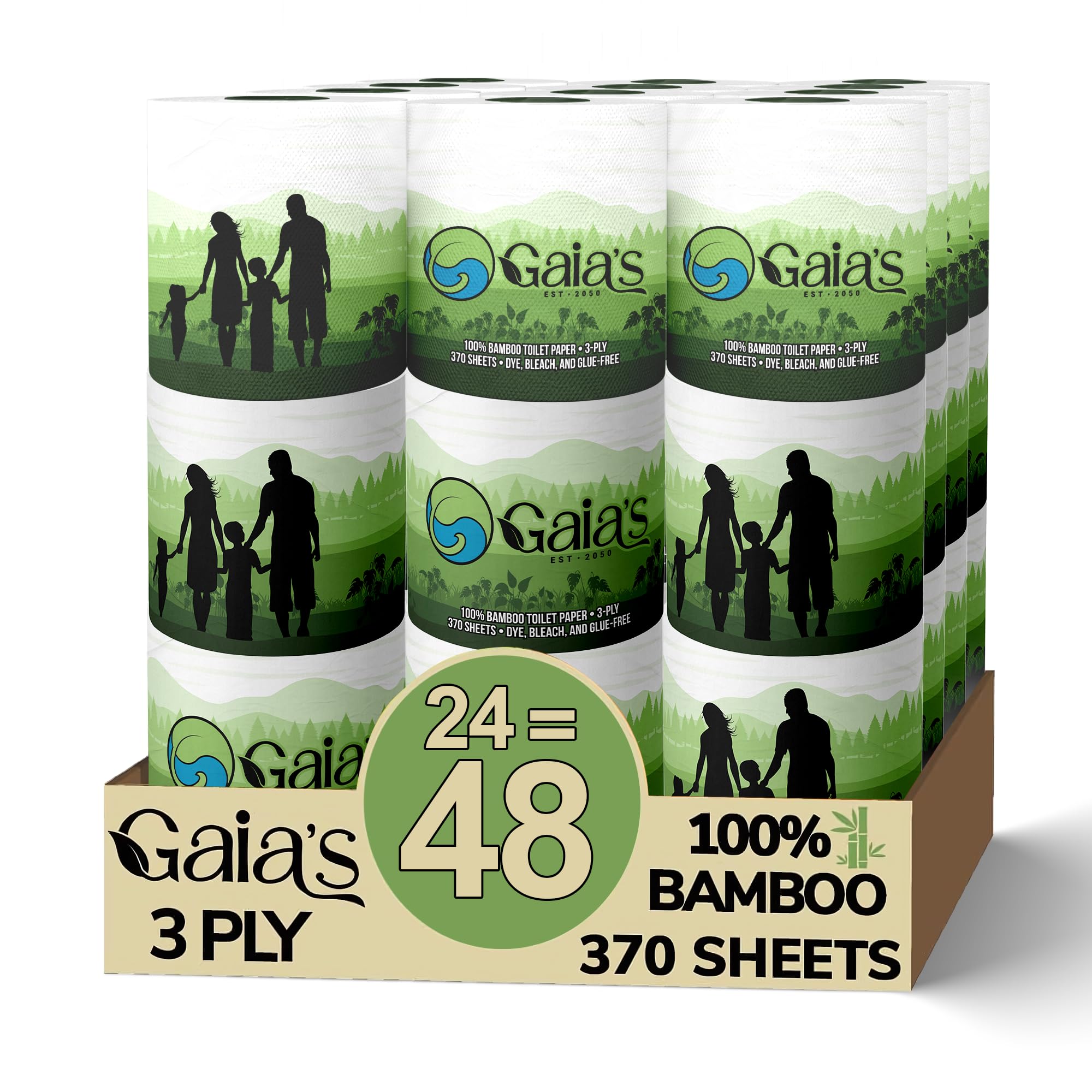 Gaias Premium and Soft Organic Bamboo Toilet Paper | 24 Mega Rolls, 3 Ply, 370 Sheets | FSC Certified, PFAS & BPA Free, Eco-Friendly, Sustainable Tissue - Plastic Free, Septic Safe, Vegan