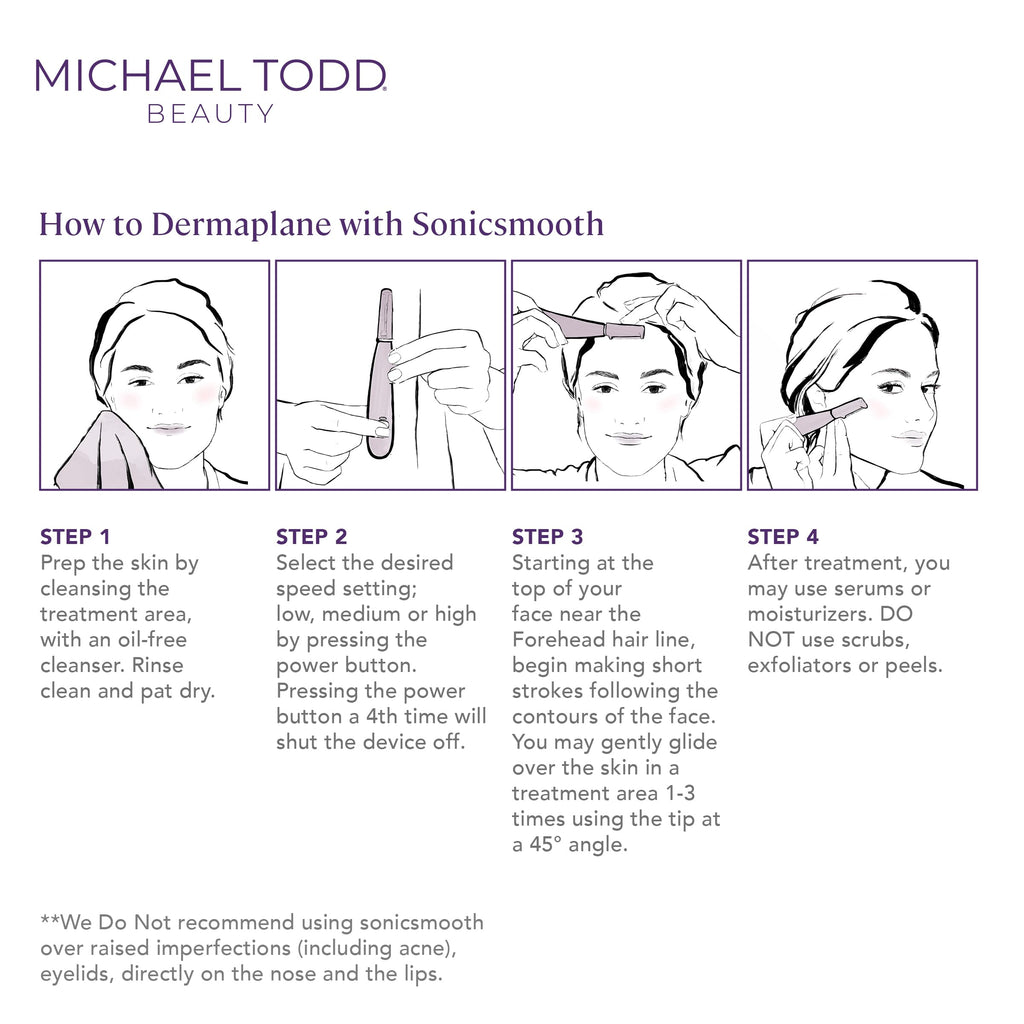 Michael Todd Beauty Sonicsmooth Dermaplane Razor for Women Face + Eyebrow trimmer Dermaplaning System - Peach Fuzz Remover - 8 Weeks of Dermaplaning Blades