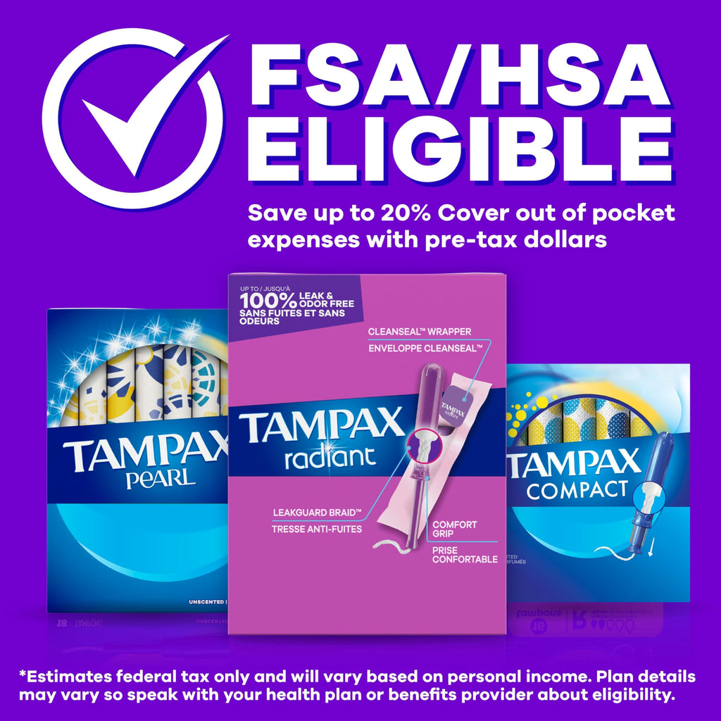 Tampax Radiant Tampons for Women Multipack, with LeakGuard Braid, Regular/Super Absorbency, Unscented, 84 Count (3 Packs of 28), Packaging May Vary