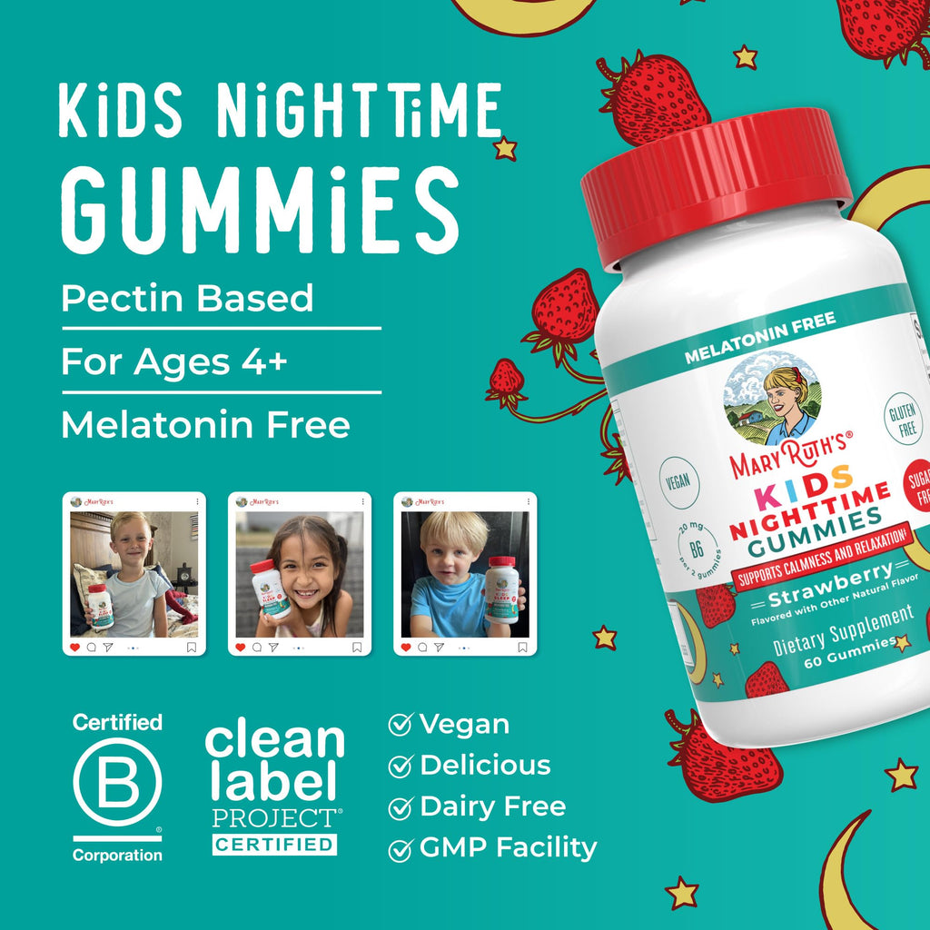 MaryRuth Organics Kids Nighttime Gummies | Sugar Free | NO Melatonin with L Theanine, Lemon Balm, Chamomile, Vitamin B6 | Relaxation Support for Kids 2+ | Vegan | Non-GMO | Gluten Free | 60 Count