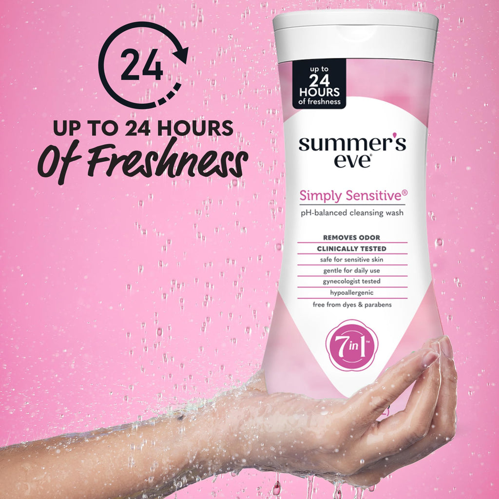 Summer’s Eve Simply Sensitive All-Over Daily Feminine Wash, Gentle pH-Balanced Body Wash for Women, Feminine Care to Remove Vaginal Odor, Gynecologist Tested, 15 Fl Oz, Pack of 3