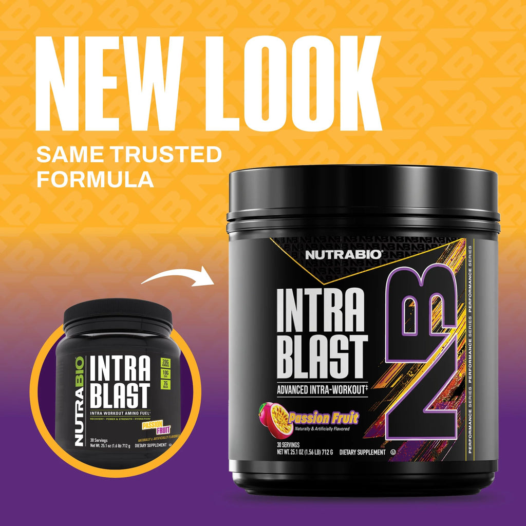 NutraBio Intra Blast Bcaa Powder Amino Acid Supplement, Electrolyte & Hydration Blend, Intra, Pre Workout & Muscle Recovery, 20g Eaa Amino Acids Powder, 5g Glutamine- Passion Fruit, 30 Serving