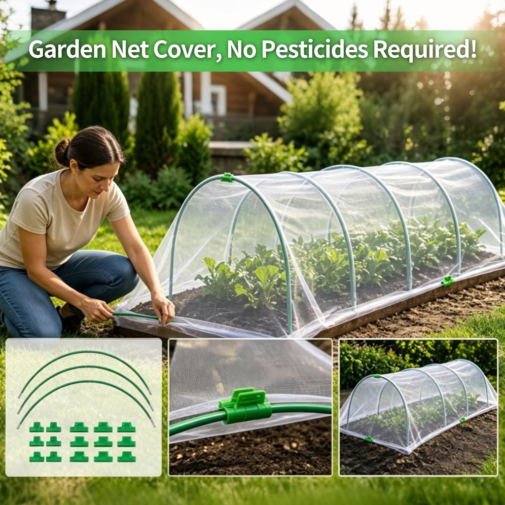 10×20 FT Ultra Fine Garden Mesh Netting with 36PCS Fiberglass Hoops, Reusable Raised Garden Bed Cover for Vegetables Fruits, Outdoor Garden Netting Kits for Greenhouse
