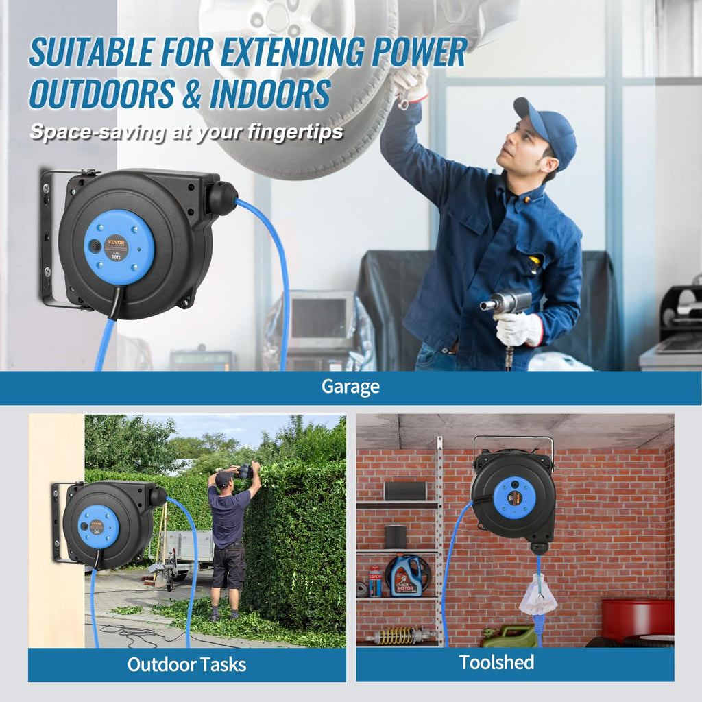 VEVOR Retractable Extension Cord Reel, 30 FT, Heavy Duty 16AWG/3C SJTOW Retractable Power Cord Reel with Lighted Triple Tap Outlet 10 Amp Circuit Breaker, for Ceiling or Wall Mount, Blue