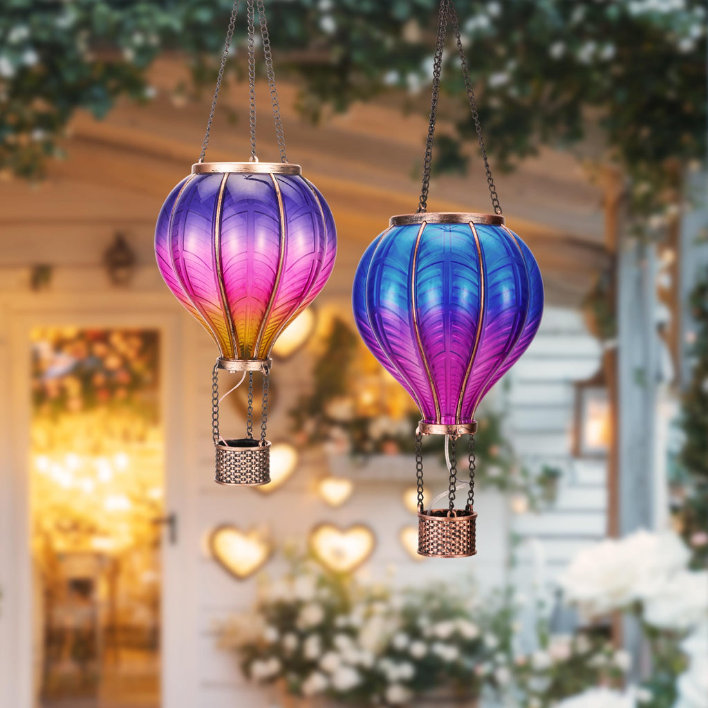 TERESA'S COLLECTIONS 2 Pack Hanging Solar Lantern Outdoor Garden Decor for Valentine,Waterproof Plastic Hot Air Balloon Purple Flickering Flame Effect Lantern for Yard Tree Gift for Mom,18"