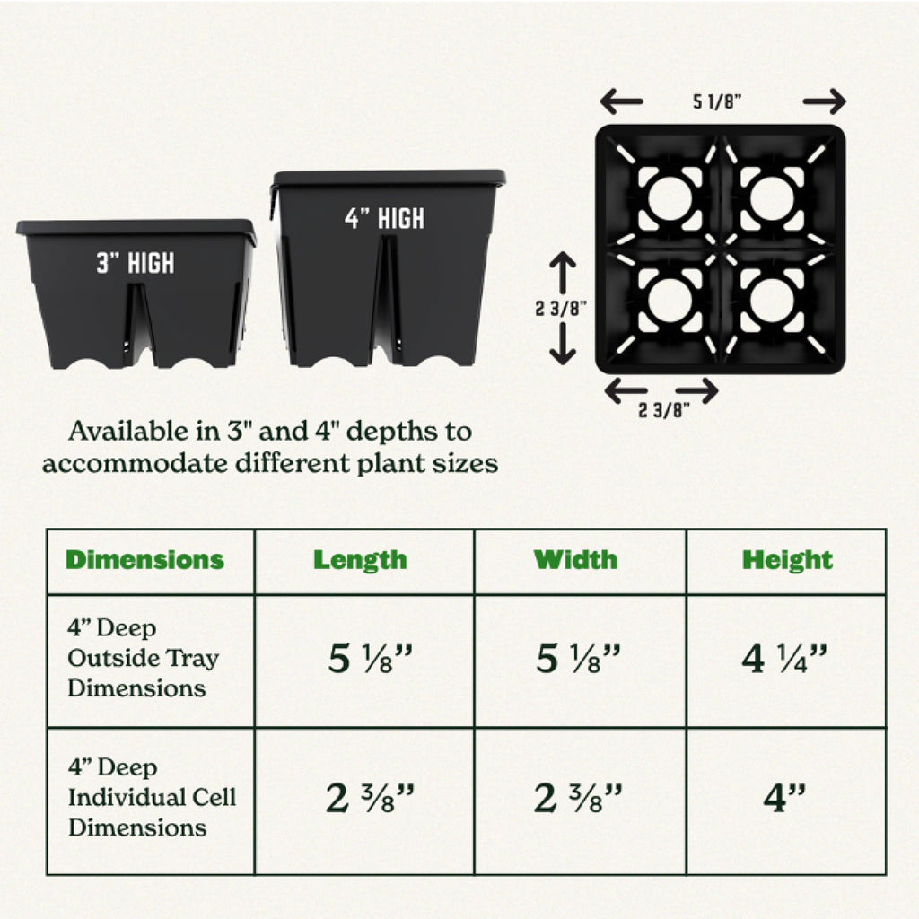 Epic Reusable Seed Starter Tray - Easy Watering Seed Starting Trays - Gardener Friendly Plant Trays for Seedlings | UV-Treated BPA-Free Seedling Tray -4-Cell 4" Seed Starting Trays - Black /4 Trays