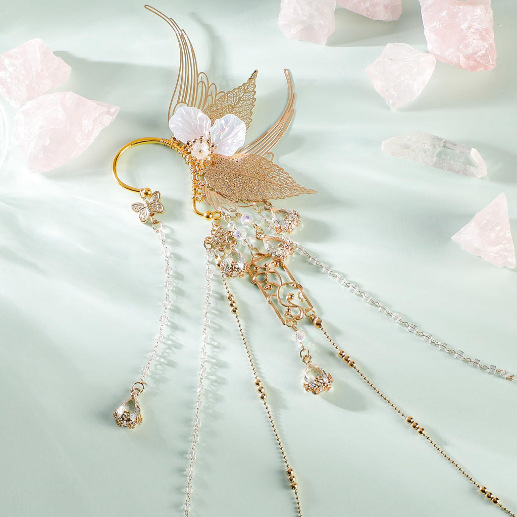 Renaissance Fairy Elf Ear Cuffs - Gold Mermaid Ears Elven Ear Cuffs with Tassel Butterfly Ear Wrap Earrings Non Piercing Earrings for Women Renfaire Halloween Christmas Dress Up Cosplay Accessories