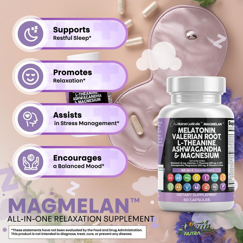 Clean Nutraceuticals Melatonin 10mg Valerian Root L Theanine 200mg Ashwagandha - Sleep Support for Women & Men with Magnesium Complex, Lemon Balm, Chamomile, & Passion Flower - 60 Caps