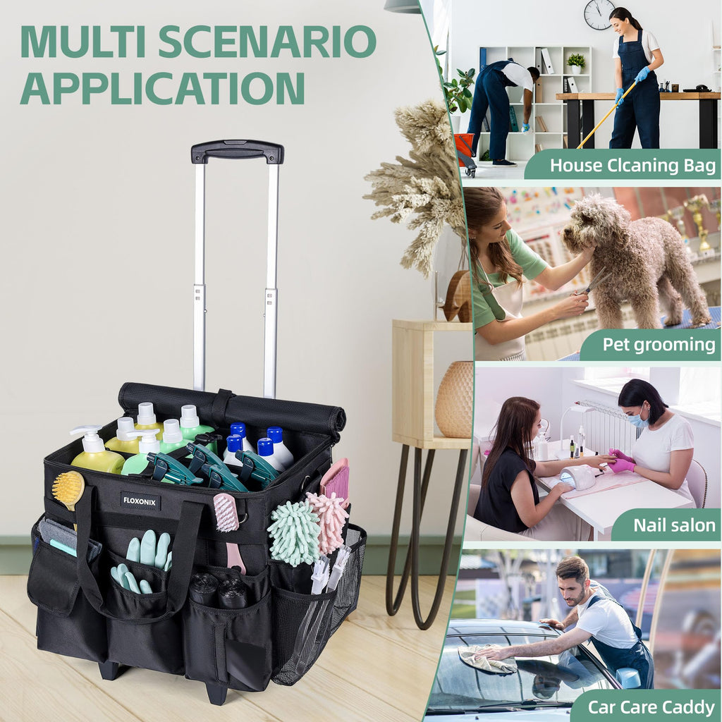 Large Rolling Cleaning Caddy Bag with Wheels, with Detachable Trolley, Cleaning Bags on Wheels for Housekeepers, Cleaning Cart Supplies Organizer for Home, Car, Picnic (Black)